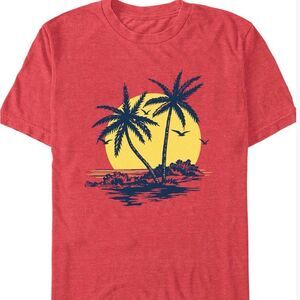 Heather Red Tropical Sunset Graphic Tee Palm Tree Beach Summer Shirt